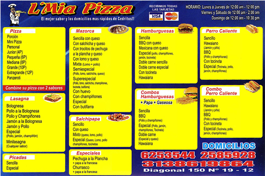 L'Mia Pizza. Domicilio pizzas, pizzería en Cedritos Bogotá. Lasagna, Picadas, Mazorca, Salchipapa, Especiales, Hamburguesas, Perro Caliente. Comidas rápidas.
