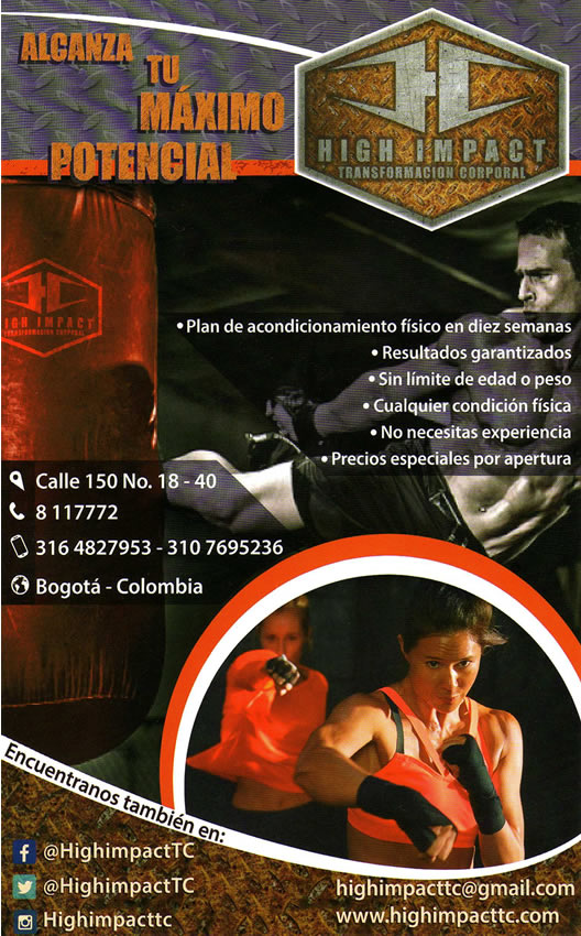 Gimnasio. Cedritos, norte de Bogotá. High Impact Transformación Corporal. Centro de acondicionamiento físico con espacios adaptados para prestar servicios personalizados y semipersonalizados. Kick Boxing, GYM, Fitness, muay thai, hapkido, danza aerea, boxeo, eventos.
