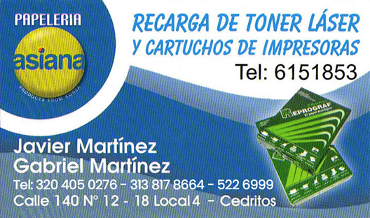 Papelería Asiana. Cedritos, Bogotá. Recargas de tonner láser y cartuchos de impresoras. Venta de Tóner. Tonner remanofacturados. Servicio de internet. Fotocopias. Impresión. Mantenimiento, arreglo y reparación de impresoras. Papelería. Servicio a domicilio. Tintas impresora. Servicio técnico.