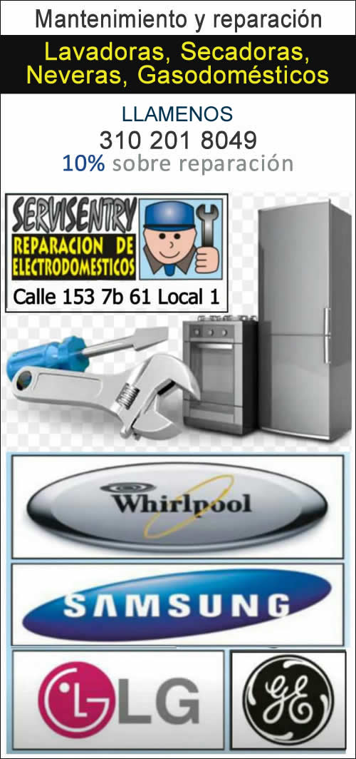 Servisentry. Reparación, arreglo y mantenimiento de neveras, lavadoras, secadoras, refrigeradores, hornos, gasodomésticos, en el sector Santa Bárbara y Unicentro, norte de Bogotá. Marcas: Whirpool, LG, Challenger, General Electric, Maytag, Samsung, Kenmore. Domicilio.