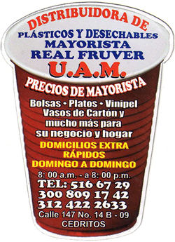 Distribuidora de Plásticos y Desechables Mayorista Real Fruver, Precios de Mayorista.  Venta de Bolsas, Platos, Vinipel, Vasos de cartón. Servicio domicilio Bogotá.  Barrio Cedritos.