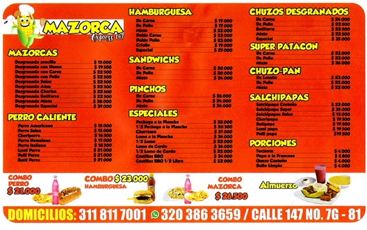 Mazorca Express 147. Cedritos, Belmira, Bogotá. DOMICILIOS comida rápida.
