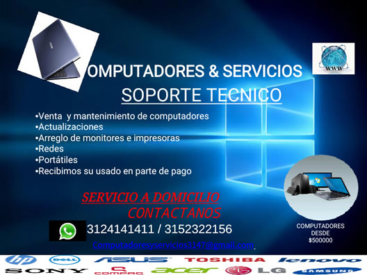 Computadores y Servicios Soporte Técnico.  Venta y mantenimiento de computadores, Actualizaciones, Arreglo de monitores e impresoras, Redes, Portátiles, Recibimos su usado en parte de pago.  Servicio domicilio en Bogotá.  Barrio Cedritos.