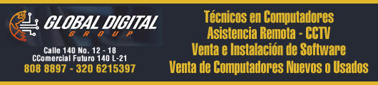 GLOBAL DIGITAL GROUP. Soporte, Reparación y Mantenimiento de computadores portátiles y de escritorio (PC y MAC).  Venta , instalación de Programas. VENTA DE COMPUTADORES NUEVOS Y USADOS.  CCTV Instalación, Configuración y Mantenimiento de sistemas de seguridad (CCTV y Sistemas de Control de Acceso. Impresoras. Accesorios computador.  Barrio Cedritos, norte de Bogotá.