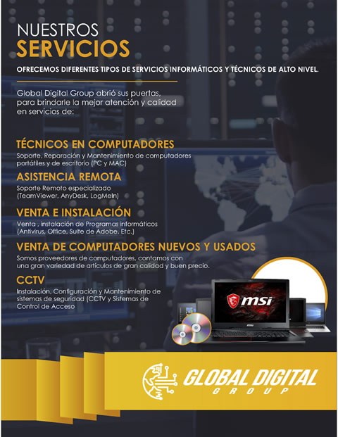 GLOBAL DIGITAL GROUP. Soporte, Reparación y Mantenimiento de computadores portátiles y de escritorio (PC y MAC).  Venta , instalación de Programas. VENTA DE COMPUTADORES NUEVOS Y USADOS.  CCTV Instalación, Configuración y Mantenimiento de sistemas de seguridad (CCTV y Sistemas de Control de Acceso. Impresoras. Accesorios computador.  Barrio Cedritos, norte de Bogotá.