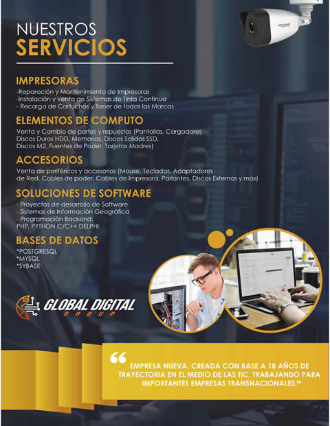 GLOBAL DIGITAL GROUP. Soporte, Reparación y Mantenimiento de computadores portátiles y de escritorio (PC y MAC).  Venta , instalación de Programas. VENTA DE COMPUTADORES NUEVOS Y USADOS.  CCTV Instalación, Configuración y Mantenimiento de sistemas de seguridad (CCTV y Sistemas de Control de Acceso. Impresoras. Accesorios computador.  Barrio Cedritos, norte de Bogotá.