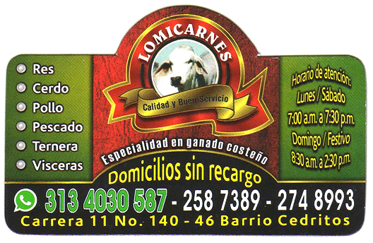 Lomicarnes. Servicio domicilio venta de carnes, res, pollo, pescado, ternera, visceras. Barrio Cedritos, norte de Bogotá.  Venta de carnes finas. Especialidad en ganado costeño.