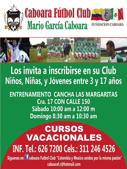 Caboara Fútbol Club. Cedritos, norte de Bogotá. Escuela de fútbol. Entrenamiento niños, niñas y jóvenes. Cursos vacacionales.