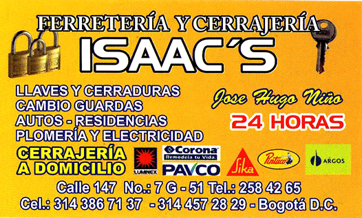 Ferretería y Cerrajería ISAAC'S. Cedritos, Bogotá. Plomería y electricidad. Domicilios.