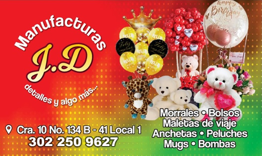 Manufacturas J.D venta de detalles, regalos, tienda, almacén, venta de morrales, maletas de viaje, bolsos, anchetas, mugs, bombas, peluches en el barrio Cedritos Lisoba norte de Bogotá.  Regalos toda ocasión.  Miscelanea. 