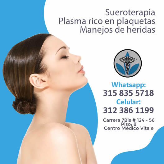 MEDESTETIC SLIM S.A.S Diego Enrique Prieto M.MD Medico Cirujano General.  Plasma rico plaquetas en Bogotá, Colombia, Cedritos. Suero terapia, escleroterapia, escleroespuma, cirugía dermatológica de quistes, lipomas, nevus, uña encarnada, onicextomia, mesoterapia facial, mesoterapia capilar, peeling, remoción manchas, ulceras cutáneas.