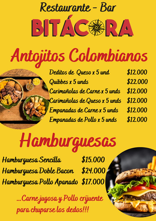 Bar - Restaurante Bitácora. Domicilios. Lisboa - Cedritos, norte de Bogotá. Desayunos, almuerzos, menú ejecutivo, platos a la catra. Eventos sociales y empresariales.