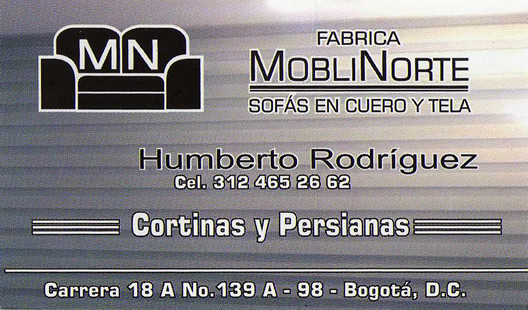 MN Fábrica MOBLINORTE - Cortinas, Sofás y Tapizados.  Cedritos, Bogotá.  Venta e instalación de cortinas y persianas. Diseño de tapicería, Sofás sobre medidas, Muebles en cuero pigmentados, Poltronas, Restauración.
