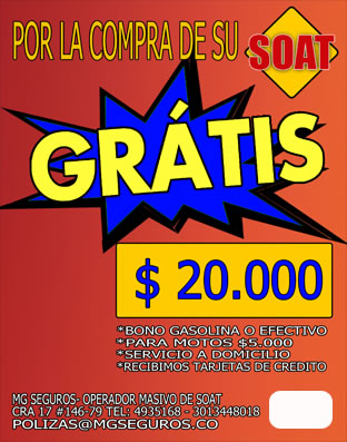 MG Seguros y Cia Ltda. Ubicado en el Norte de Bogotá, Barrio Cedritos. Servicio a domicilio.  SOAT – SEGUROS GENERALES. DESCUENTO EN LA RENOVACION DEL SOAT.